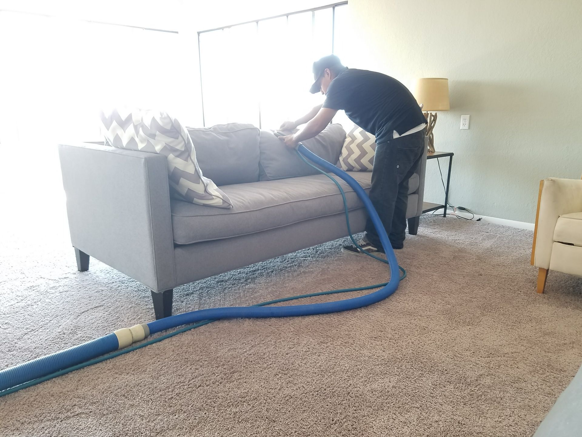 Technician cleaning a gray sofa with a blue hose in a bright living room