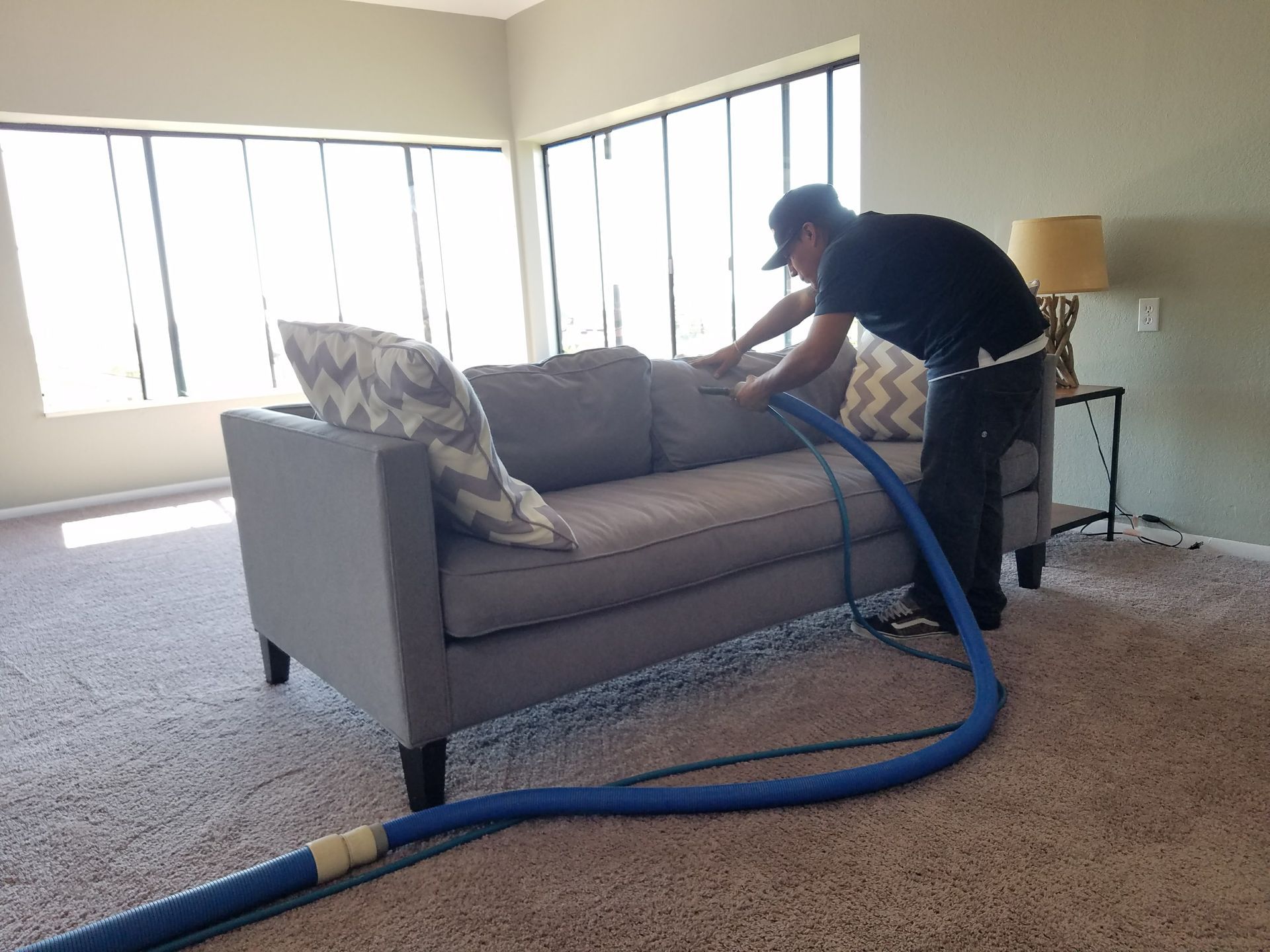 Technician cleaning a gray sofa with a blue carpet extractor in a bright living room
