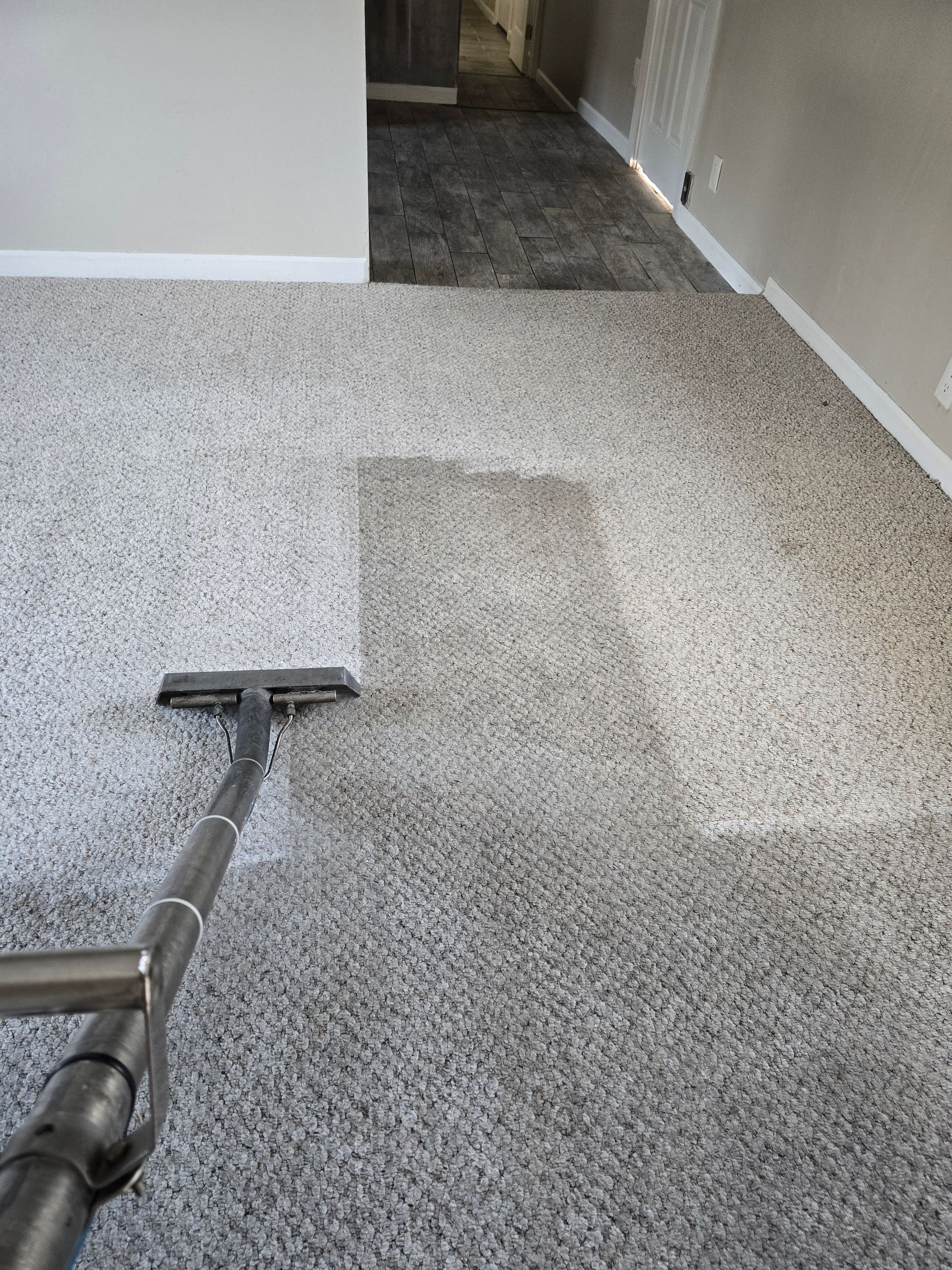 Vacuum cleaning a light gray carpet with a darker cleaned patch in a hallway
