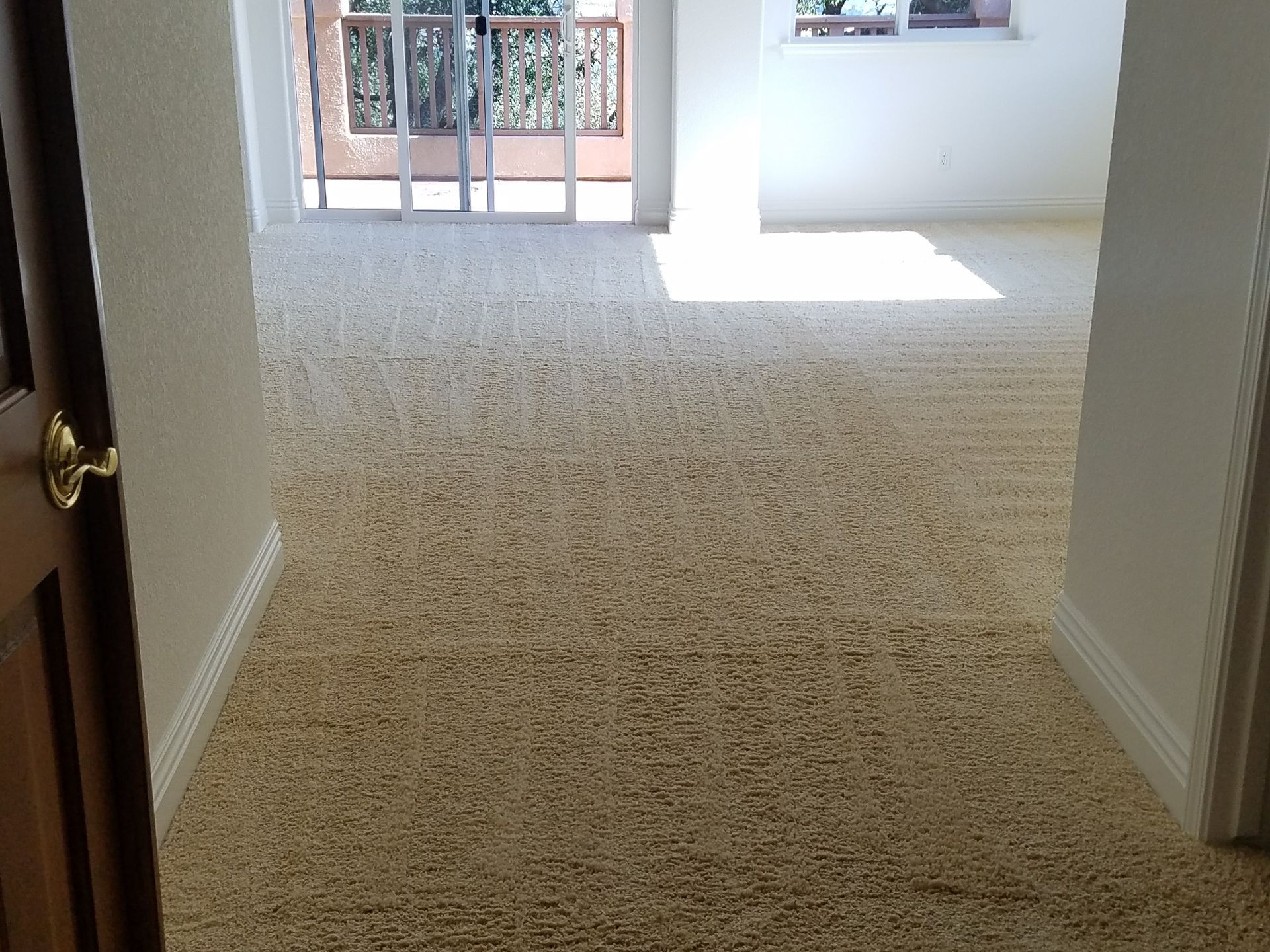 Empty carpeted hallway leading to a bright room with a balcony door and white walls