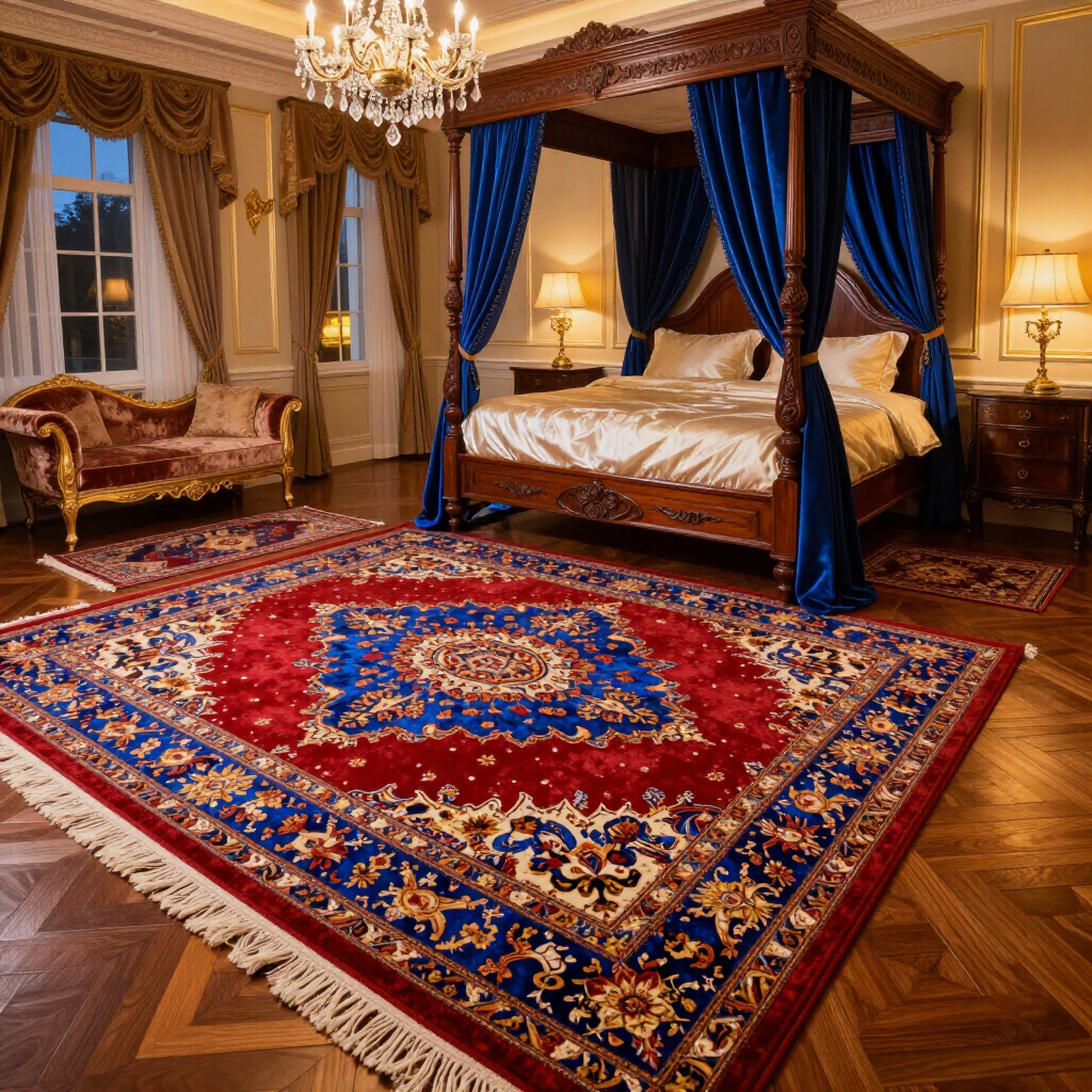 Elegant bedroom with a blue four-poster bed, red patterned rug, chandelier, and upholstered chair