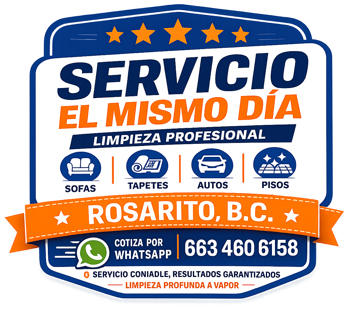 Logo azul y naranja de servicio de limpieza profesional “mismo día” en Rosarito, B.C., con teléfono y WhatsApp.