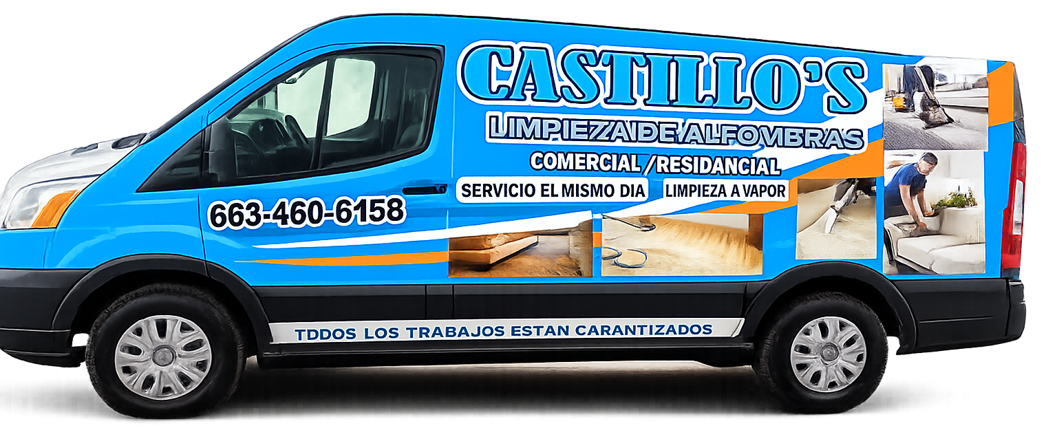Blue Castillo’s landscaping service van with company logo and phone number on the side
