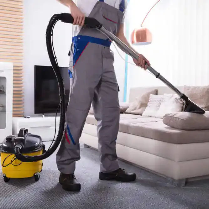 Person vacuuming a gray couch in a bright living room with a yellow canister vacuum.