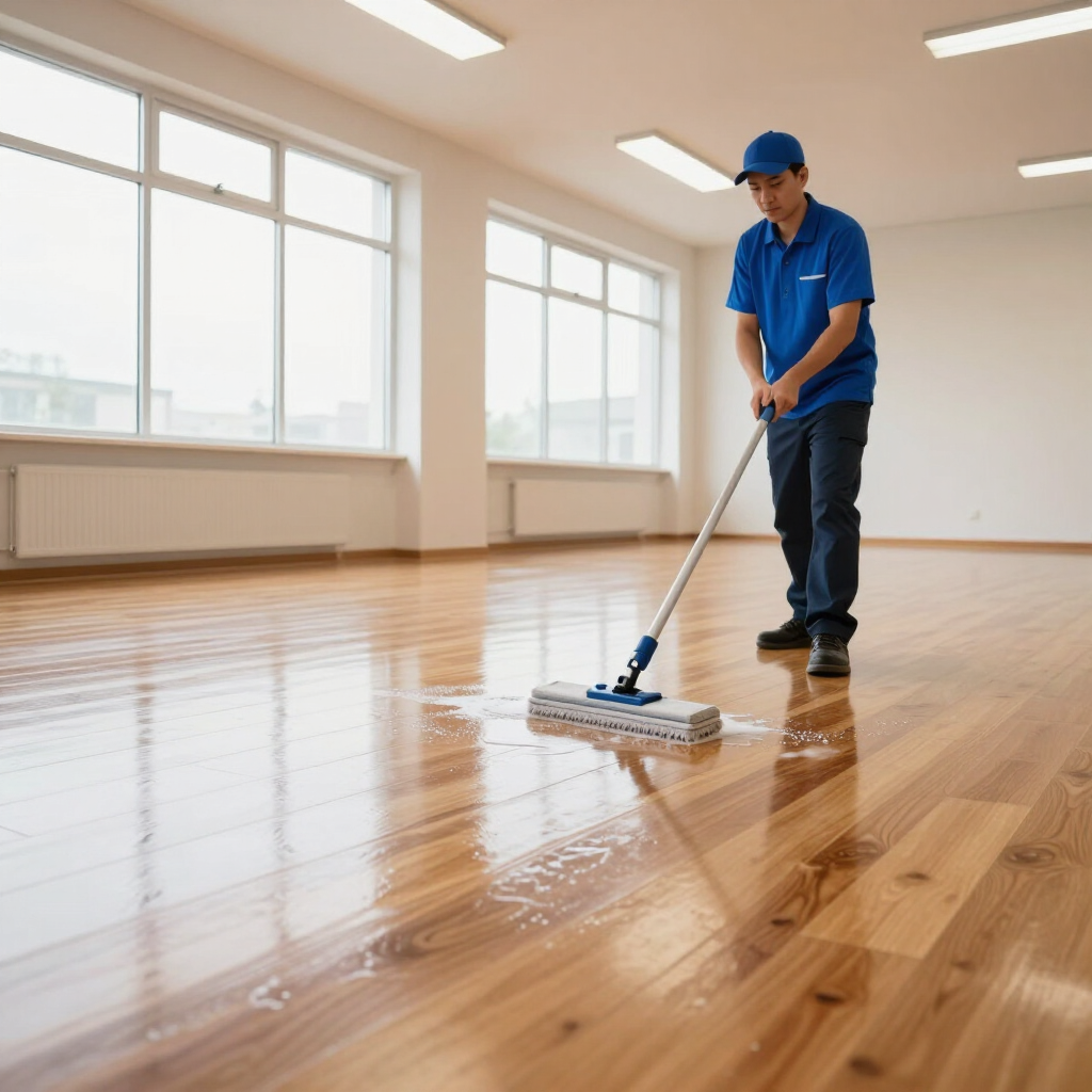 Worker in blue uniform mopping a glossy wooden floor in a bright, empty room