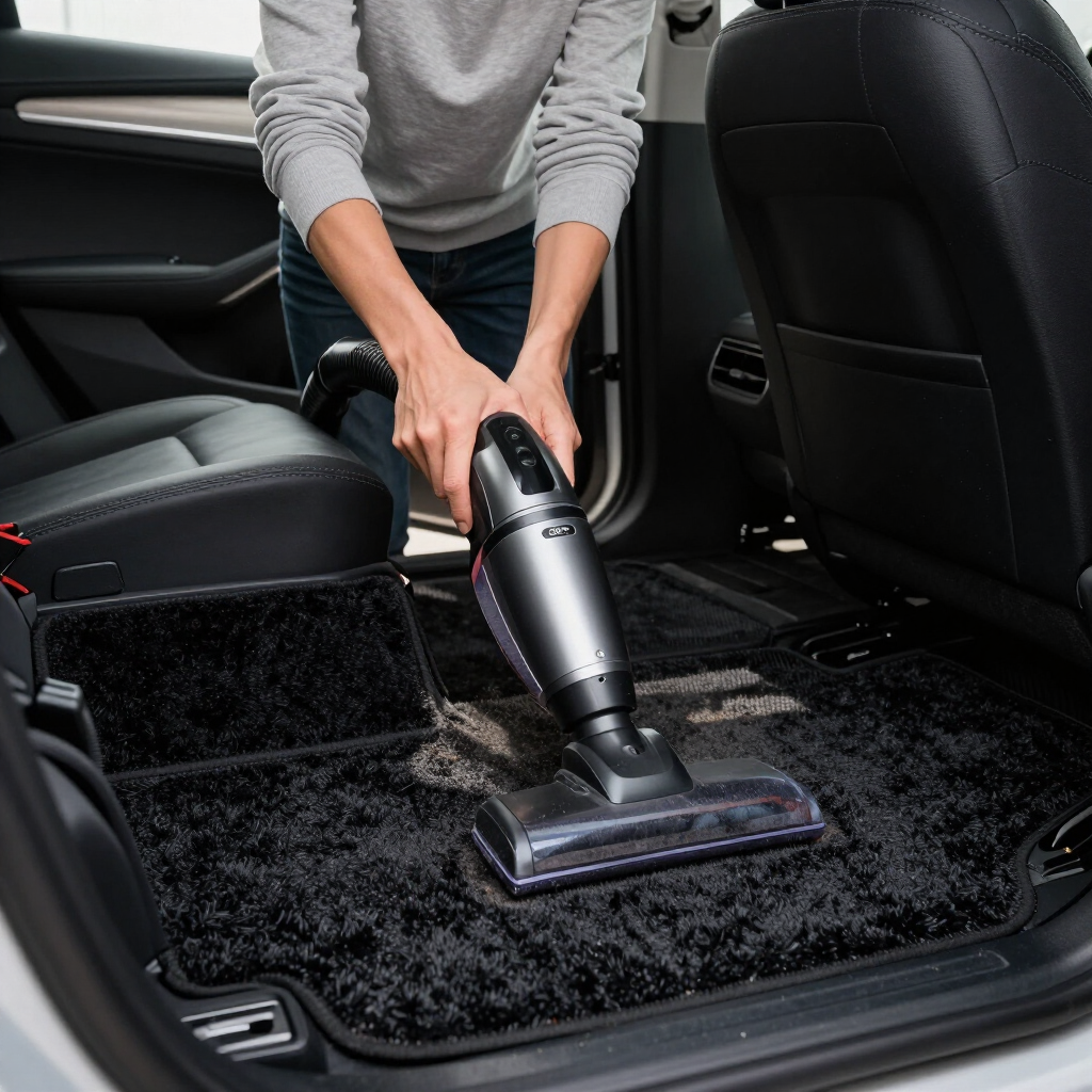 Person vacuuming a black car’s rear floor with a handheld upholstery cleaner